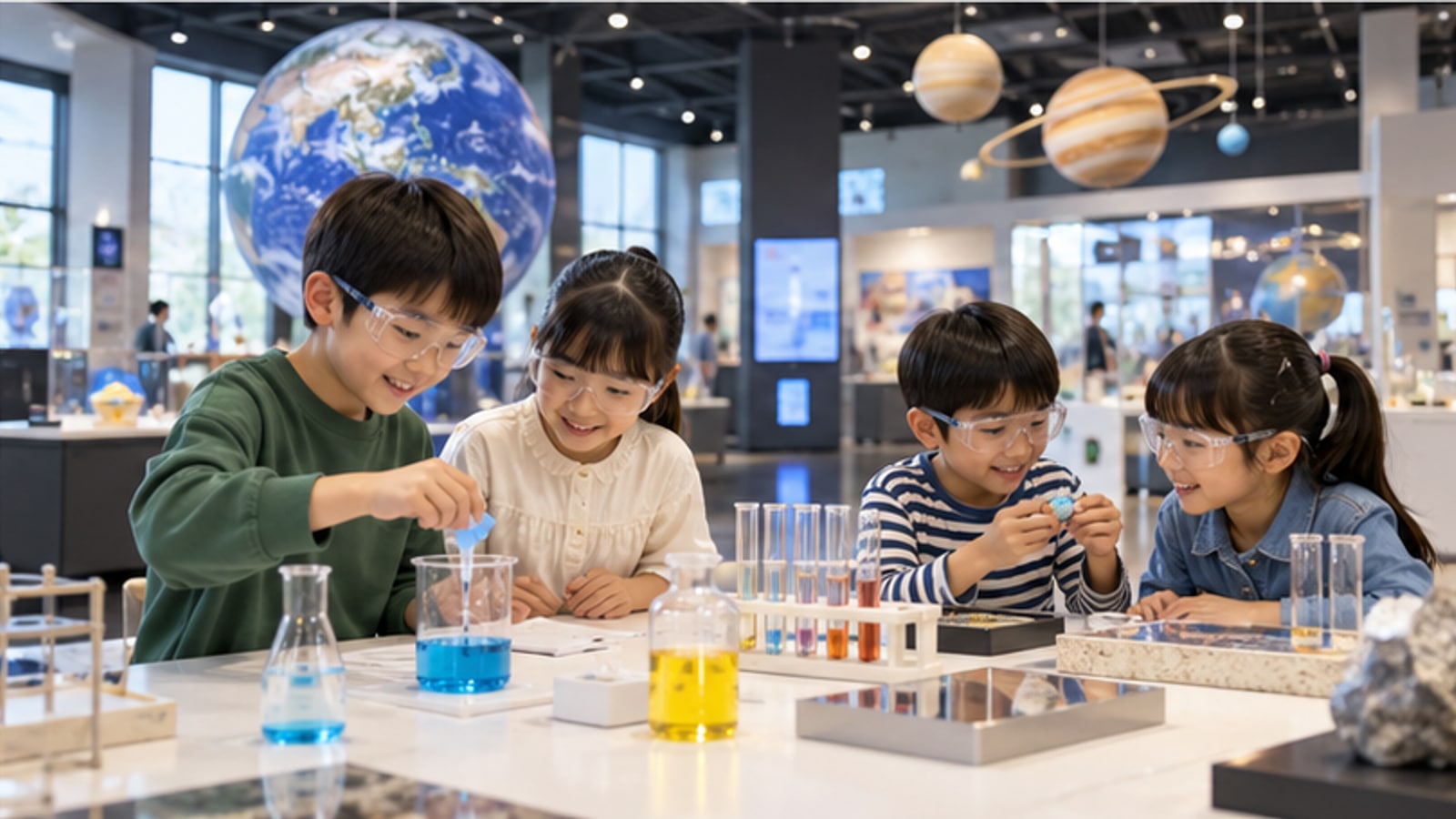 AI生成イメージ。テーブルで実験に取り組む日本人の子どもたち。小樽市総合博物館の実在講座や参加者を撮影したものではありません。