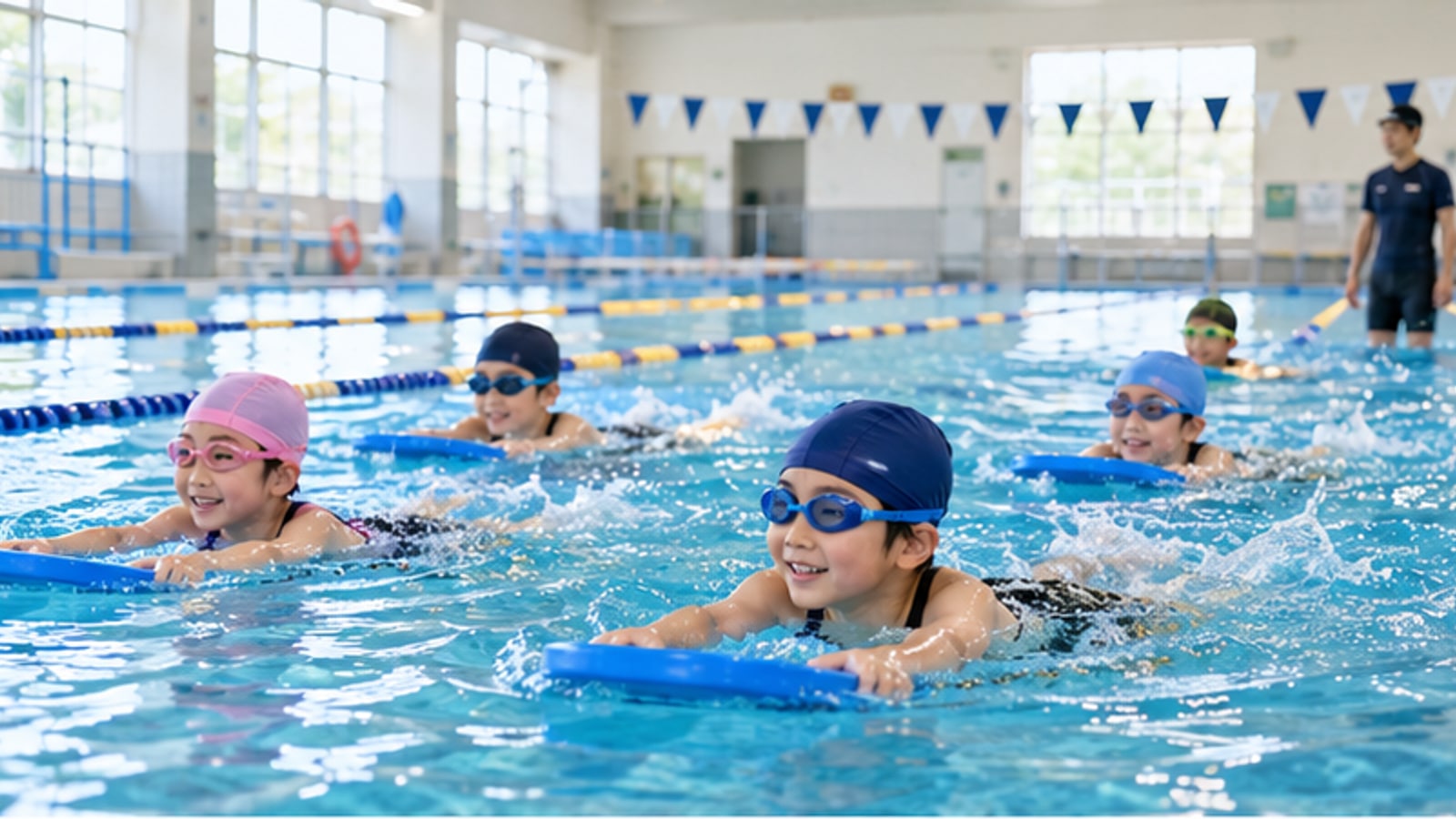 AI生成イメージ。屋内プールで水泳を練習する日本人の小学生。小樽市の実在教室や参加者を撮影したものではありません。