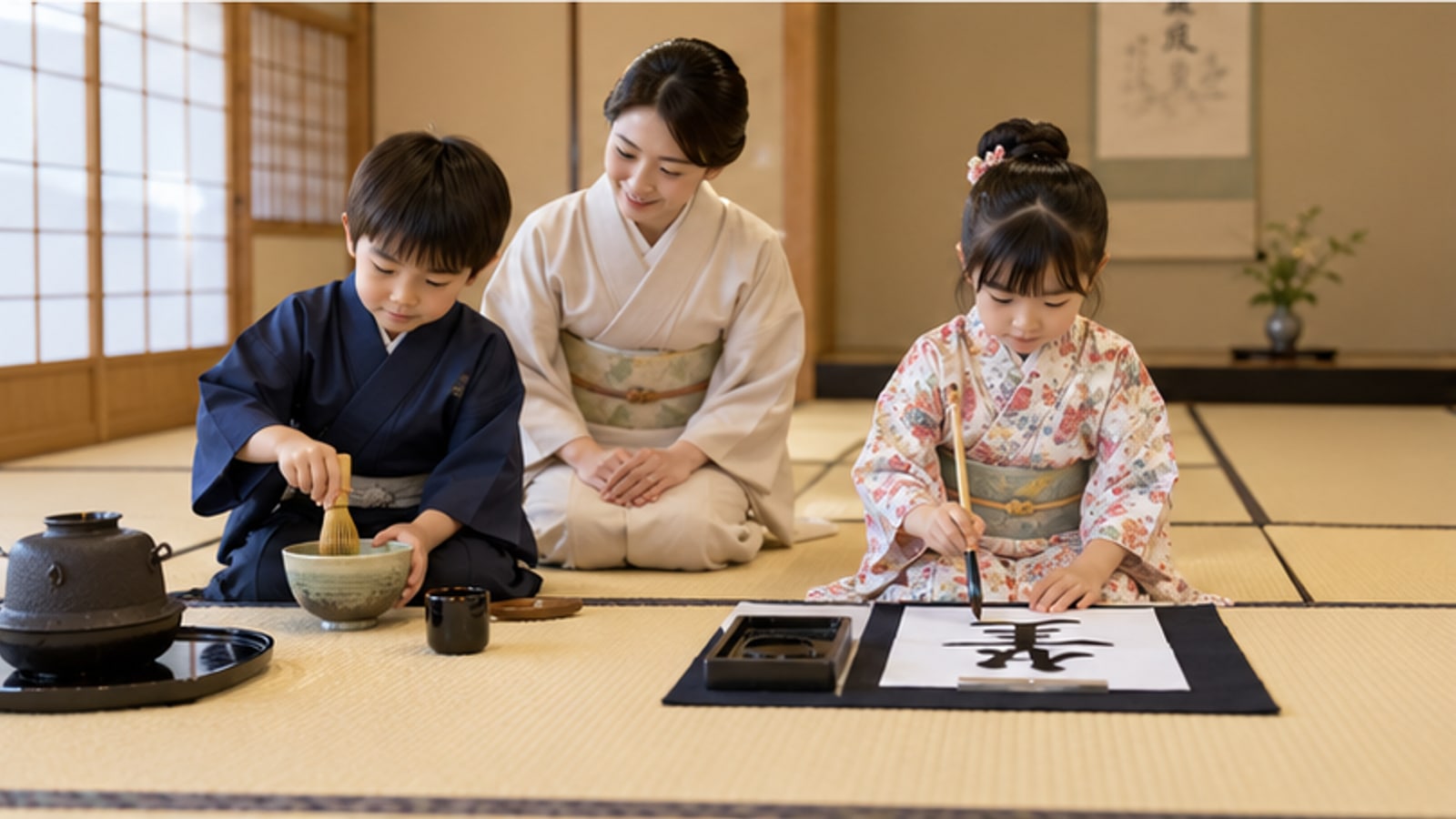 AI生成イメージ。畳の部屋で茶道と筆文字を体験する子どもたち。小樽市の実在教室や参加者を撮影したものではありません。