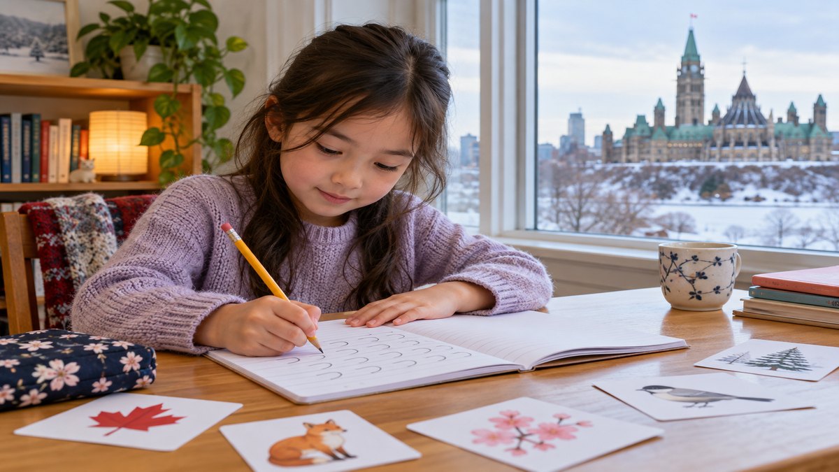 オタワの家庭で子どもが日本語の文字練習をするイメージ写真