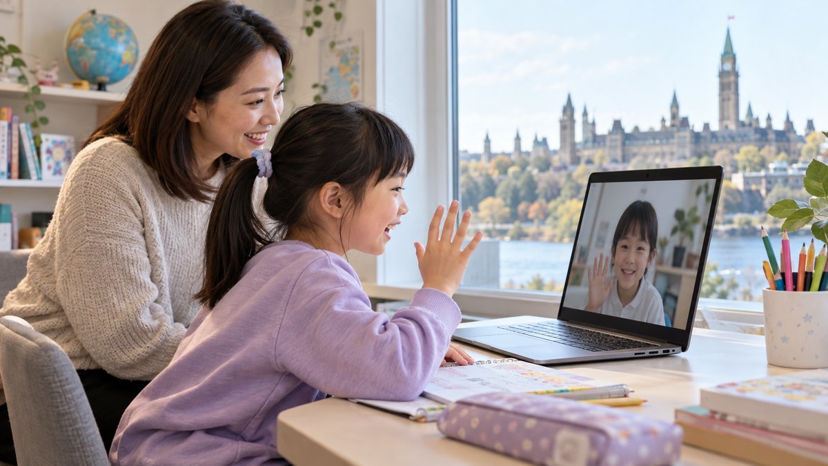 オタワの自宅で親子がオンライン日本語学習に参加するイメージ写真