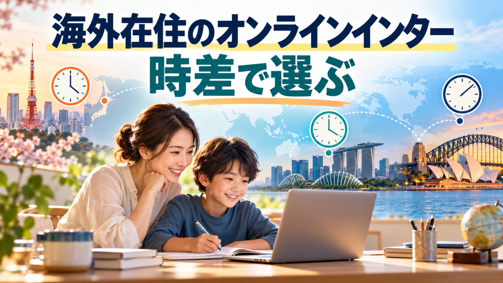 東京・シンガポール・シドニーの時差とオンライン学習を示す生成イメージ