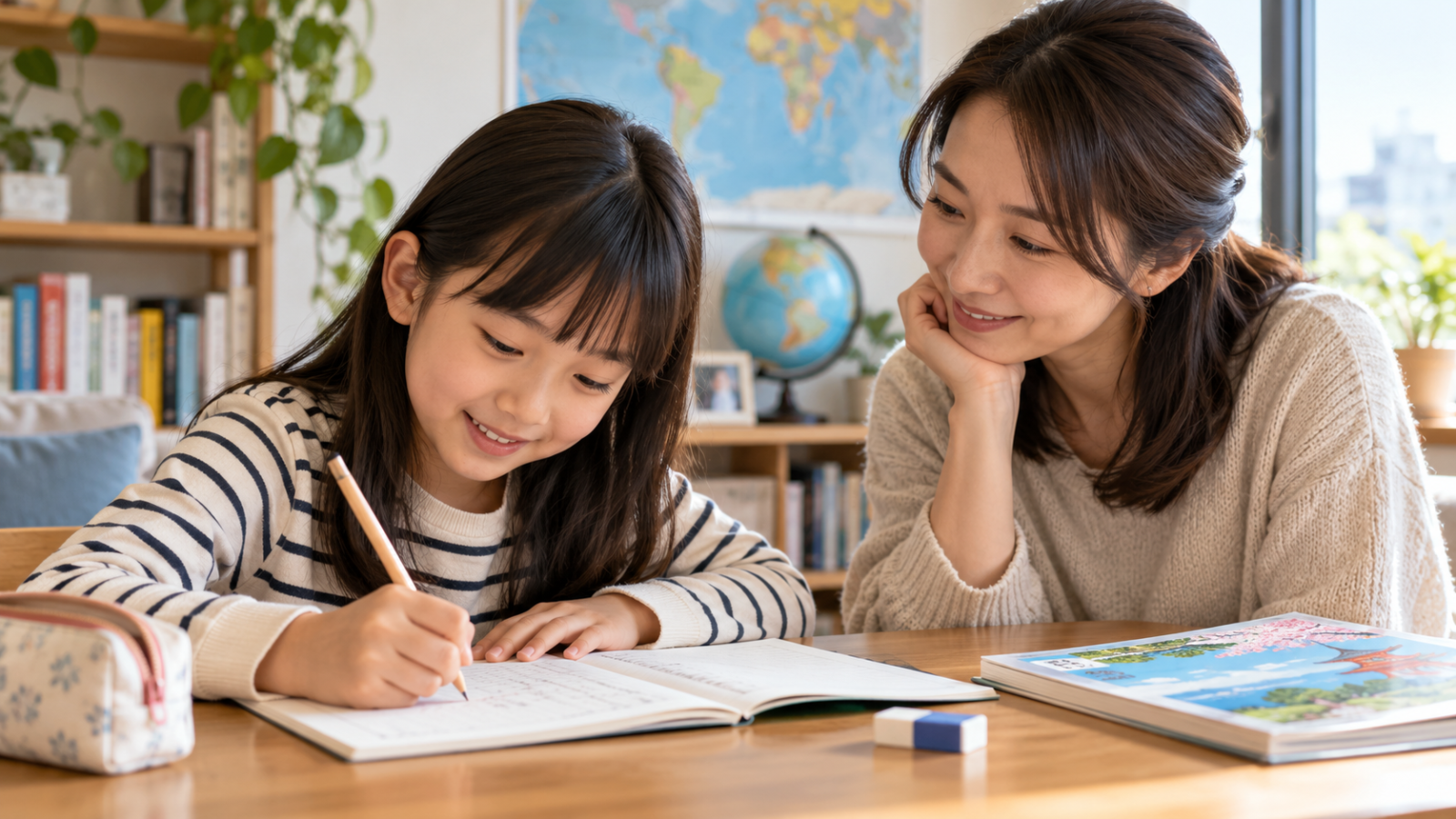 作文を書く子どもと見守る保護者のイメージ
