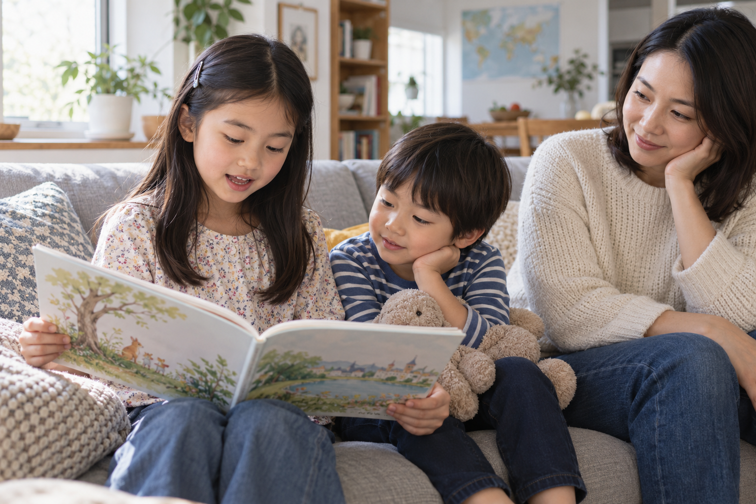 親子で日本語の絵本を読むイメージ