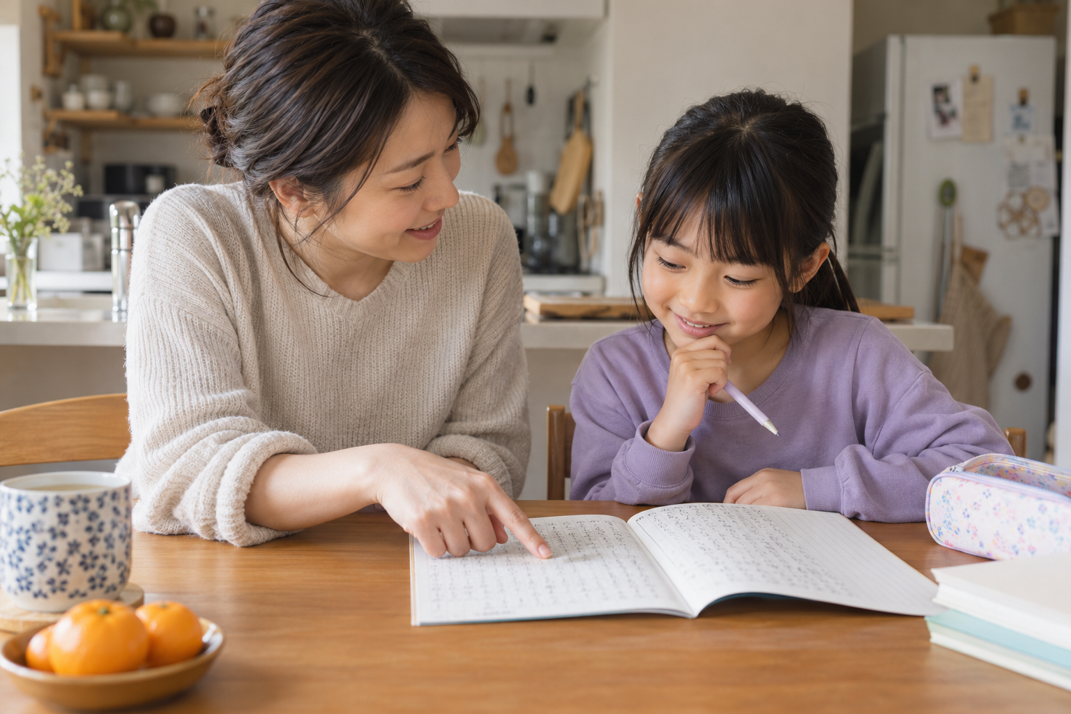 子どもの作文を保護者と一緒に読み返すイメージ