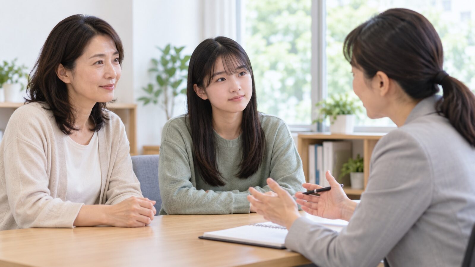 保護者と高校生が相談担当者と落ち着いて話すイメージ