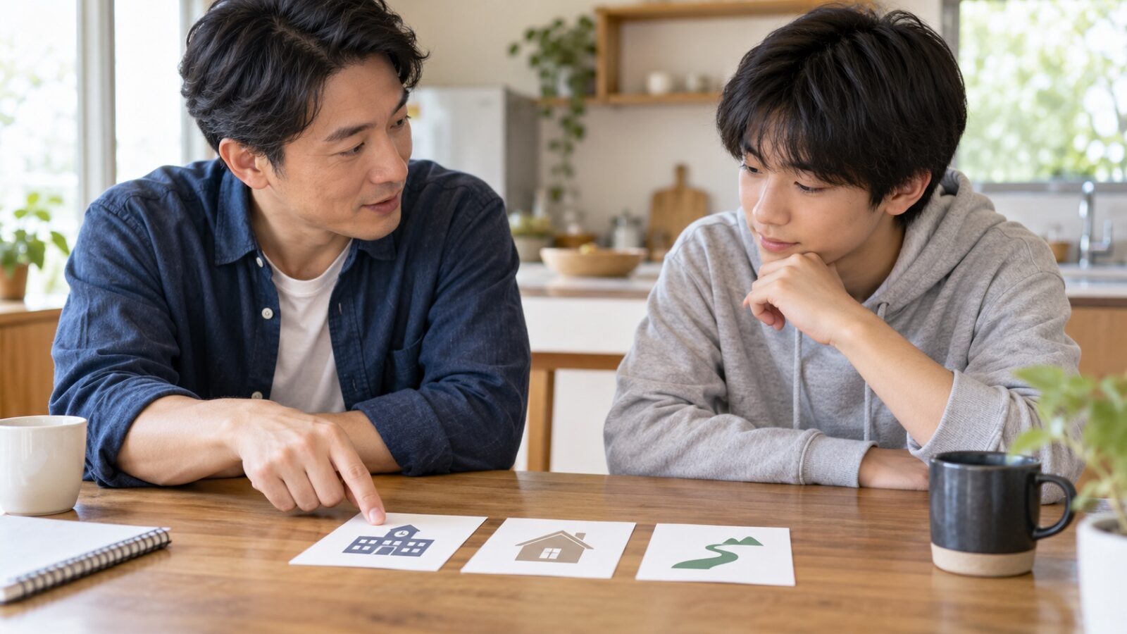 保護者と高校生が学校・家庭でできることを一緒に整理するイメージ