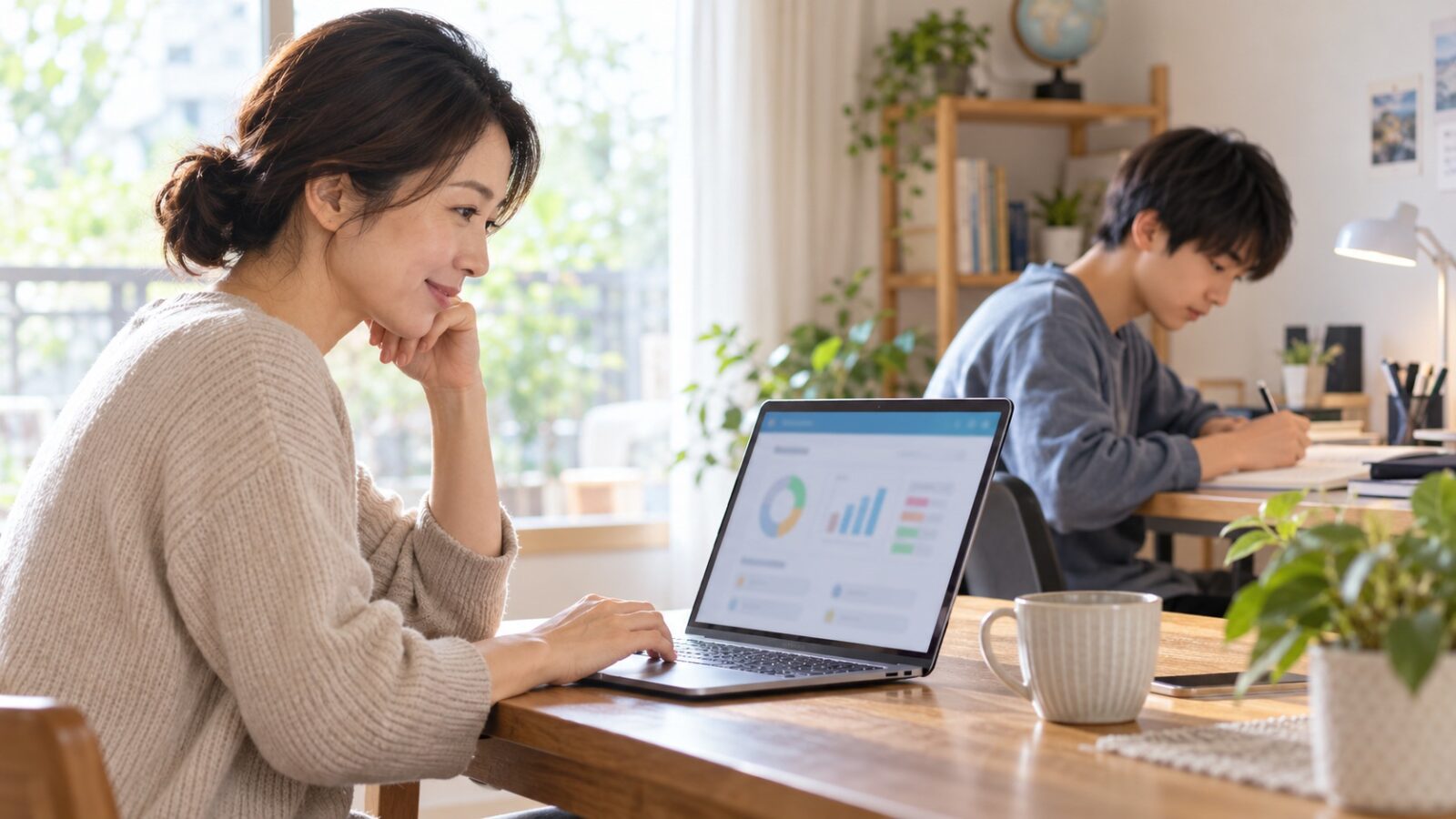 家庭で学習状況を確認し、本人のペースを尊重して見守るイメージ