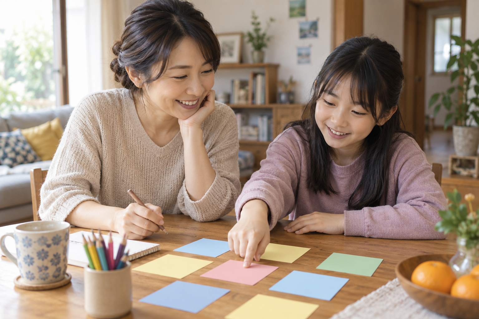 親子でカードを使って一日の過ごし方を相談する様子