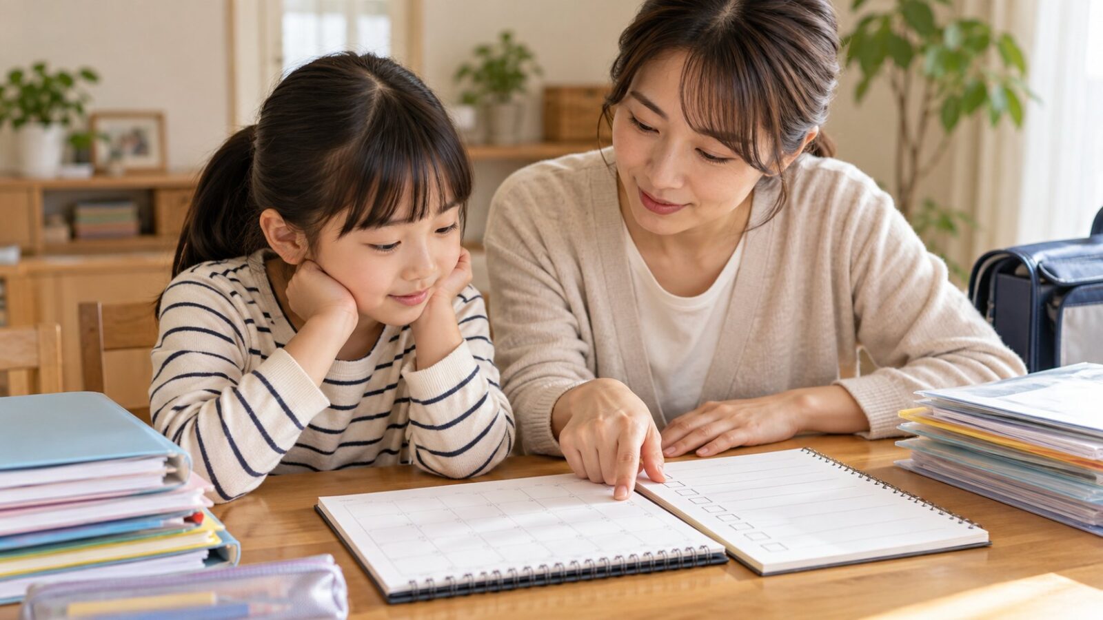 帰国後の編入相談に向け、親子で学校の記録を整理するイメージ