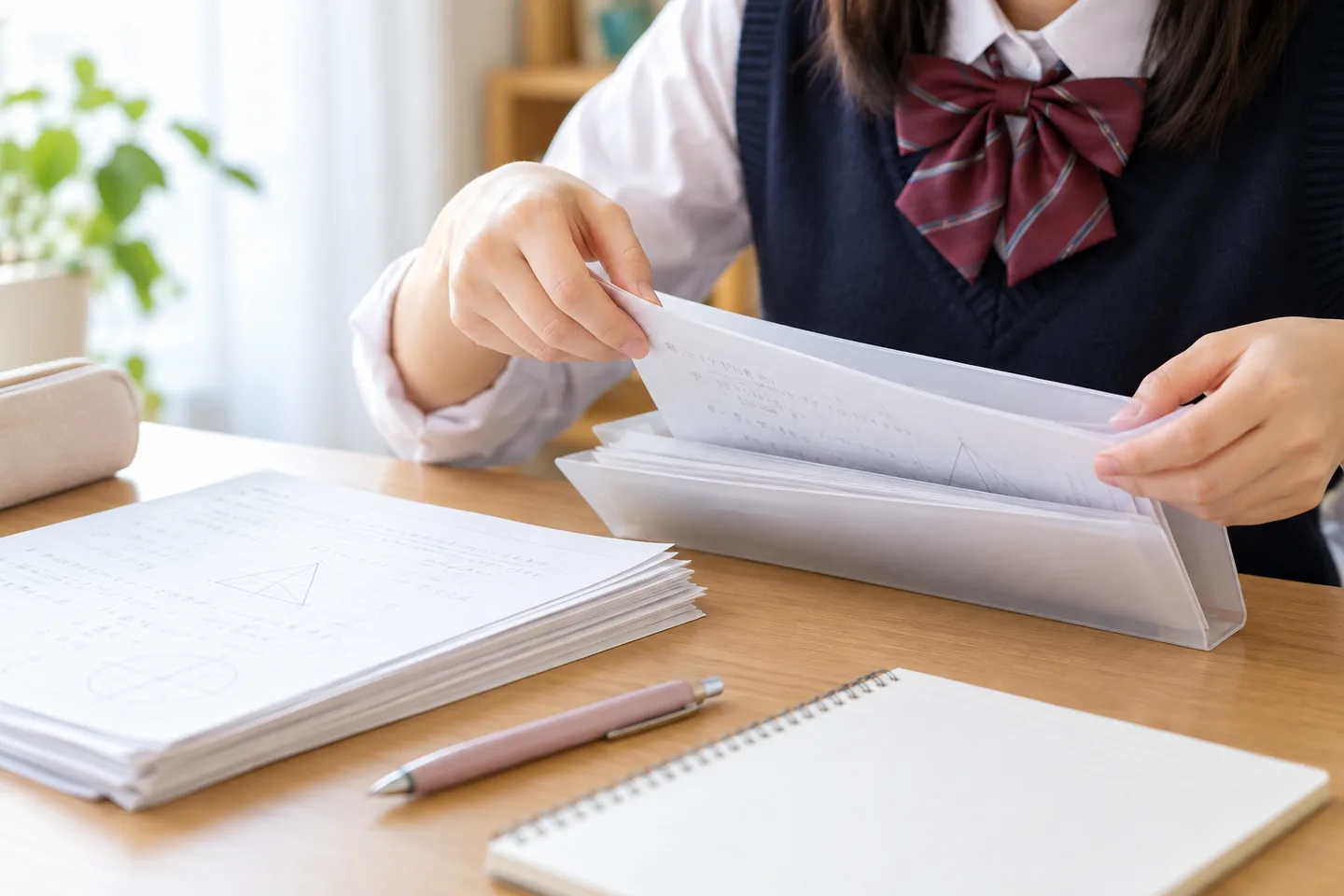 教科書や課題を整理して次の学習に備える場面をイメージした写真