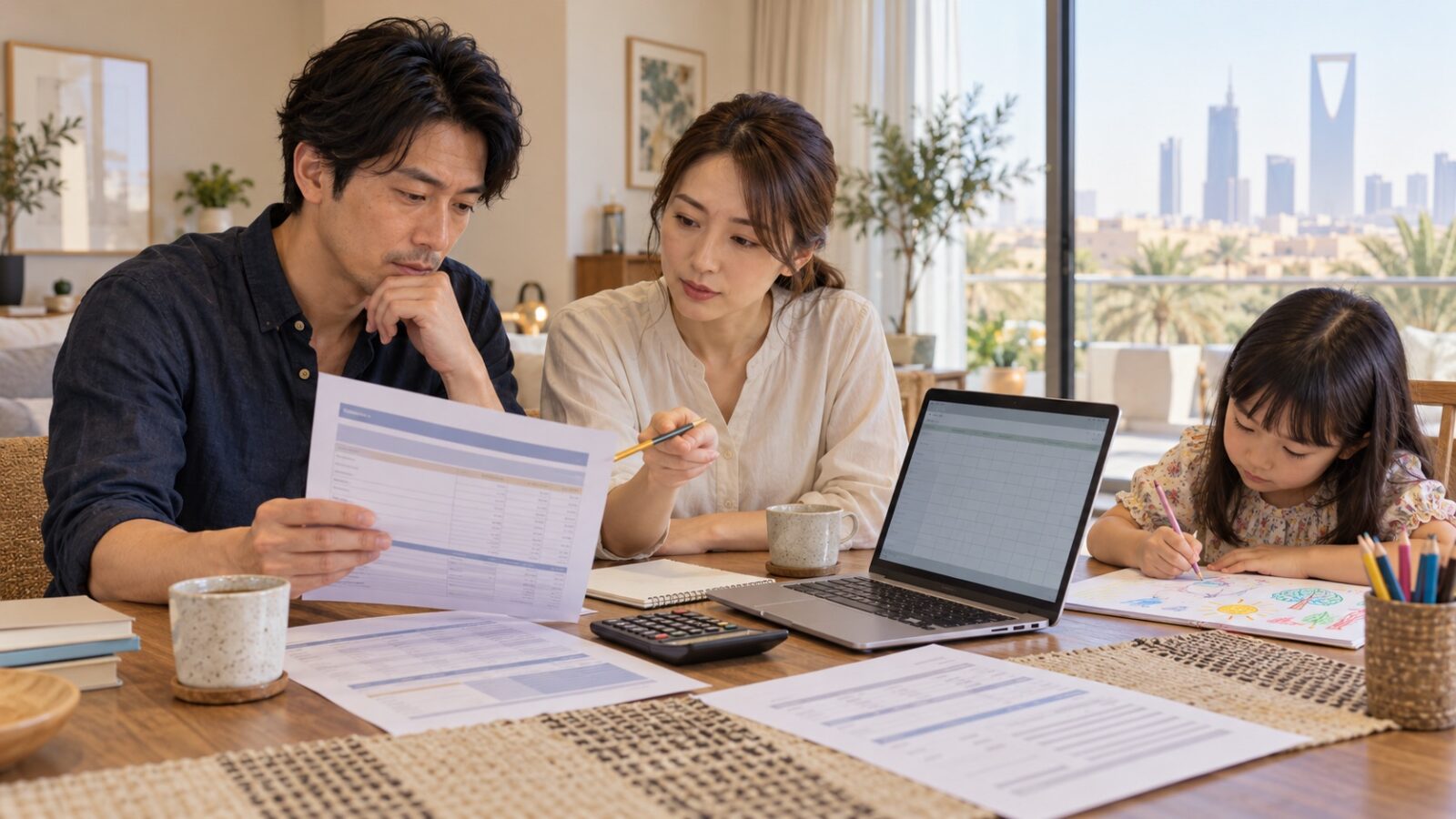 学校の授業料や初年度費用を家族で確認するイメージ