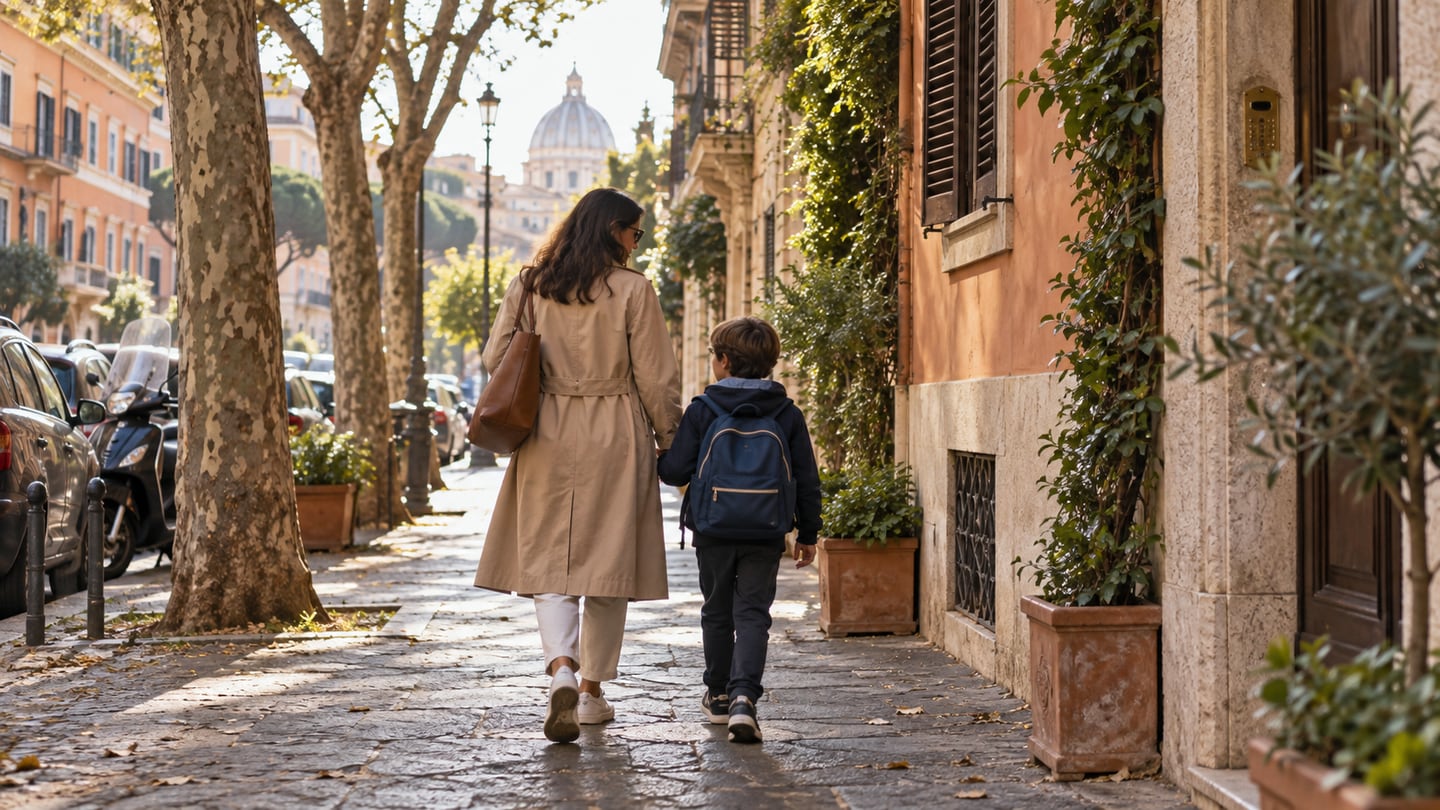 ローマの住宅街を親子が歩く通学のイメージ