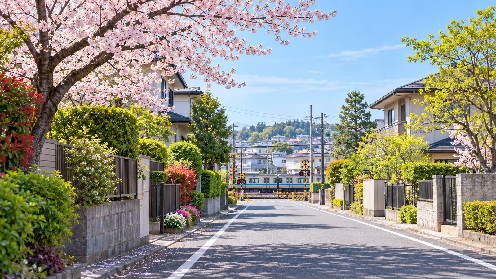 佐倉市の住宅地と通学路をイメージした明るい春の景色
