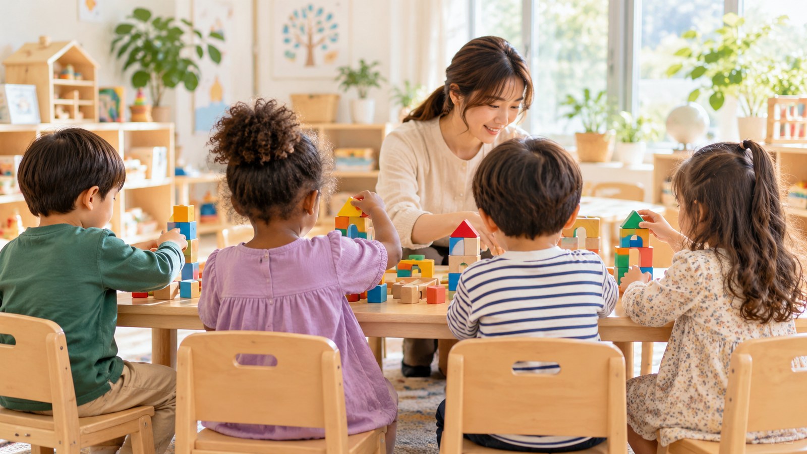 英語の絵本を囲んで過ごす幼児クラスのイメージ