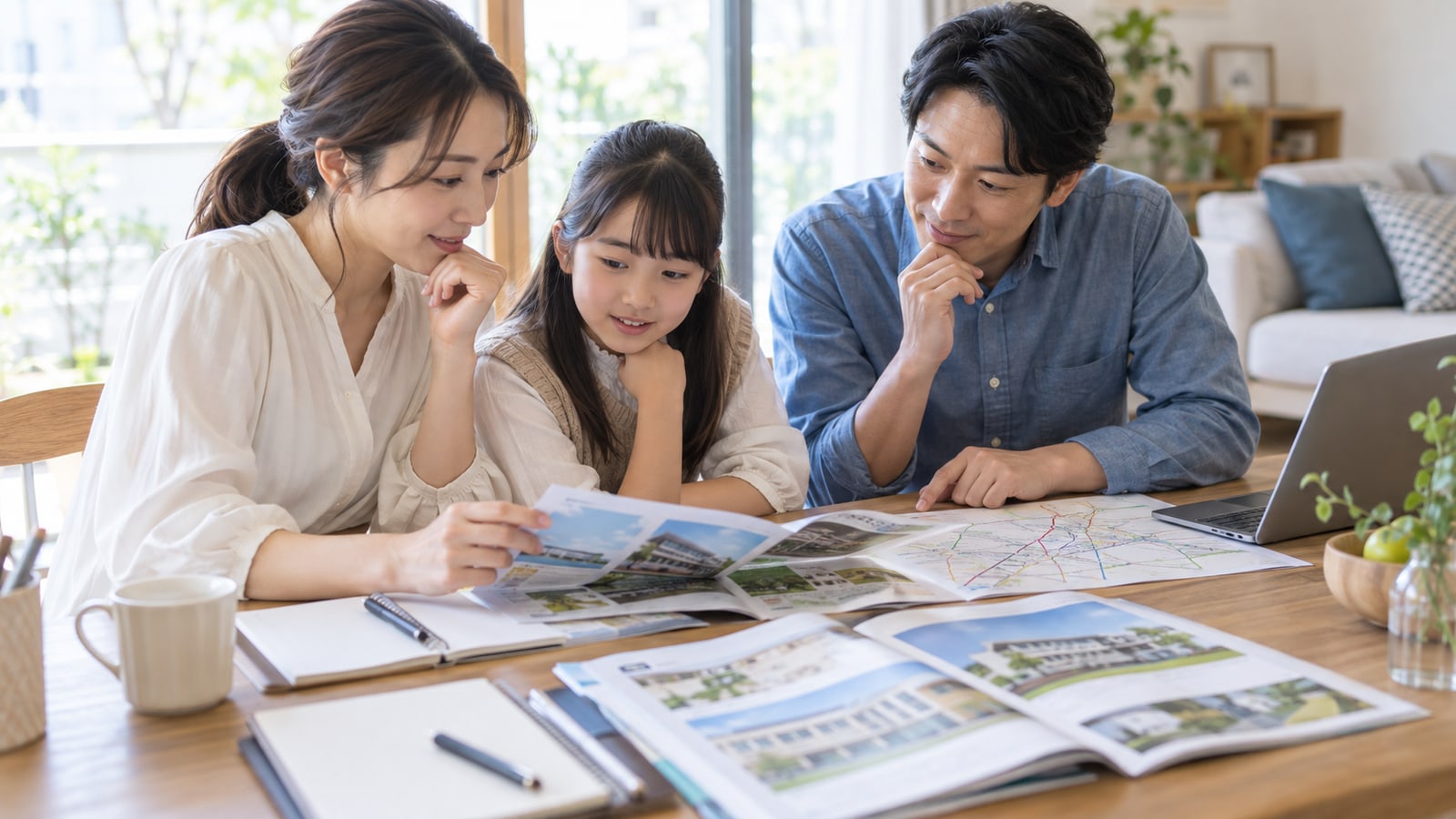 佐世保の家族が学校案内と通学計画を確認するイメージ