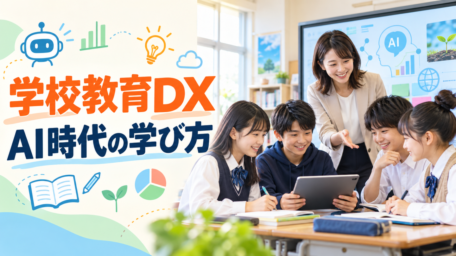 学校教育DXとAI時代の学び方を表す明るいサムネイル