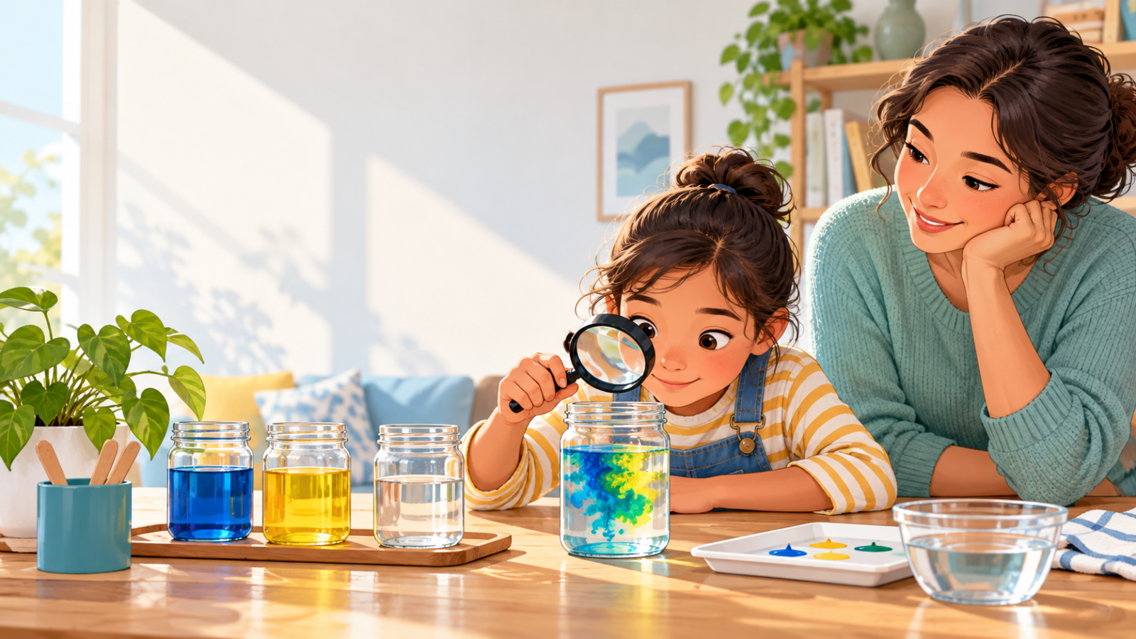 親子で科学実験をする小学生