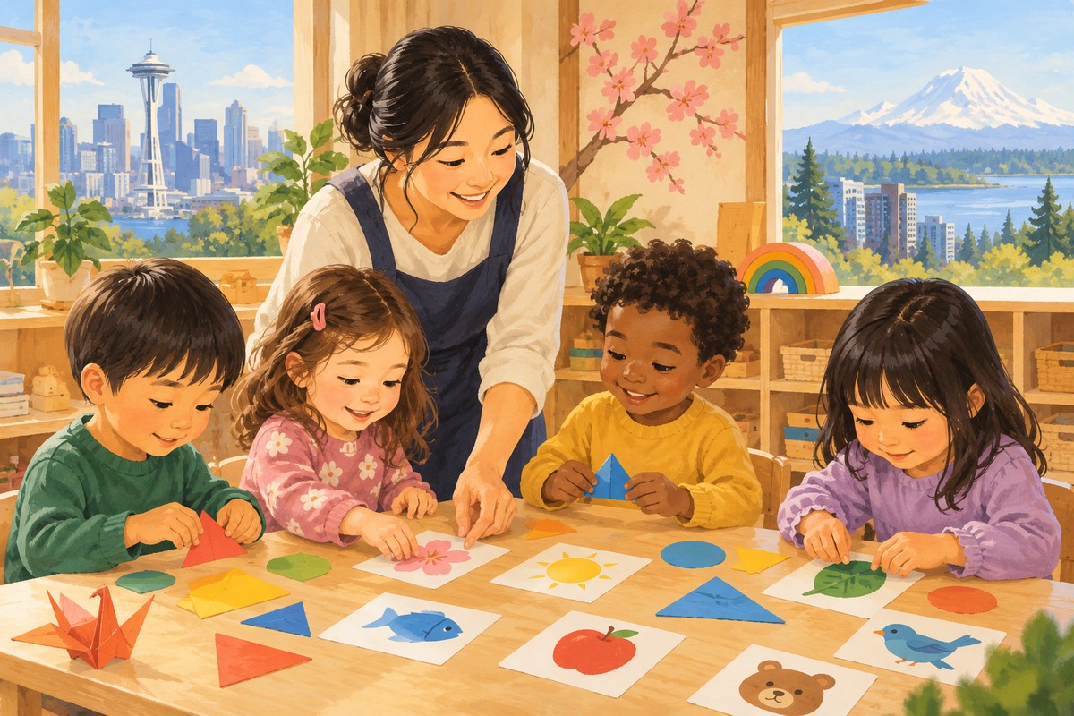 シアトル近郊の幼児が机を囲み工作をする様子を描いたイラスト