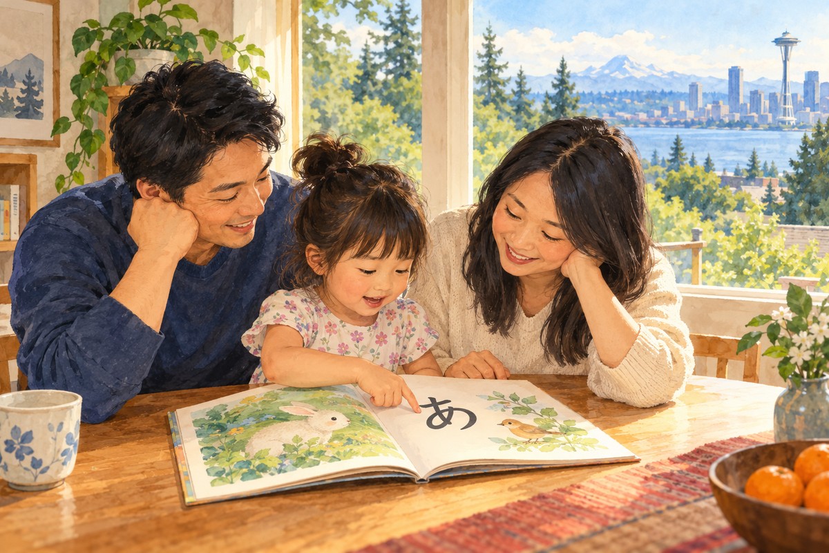 家庭で日本語の絵本を囲む親子のイラスト
