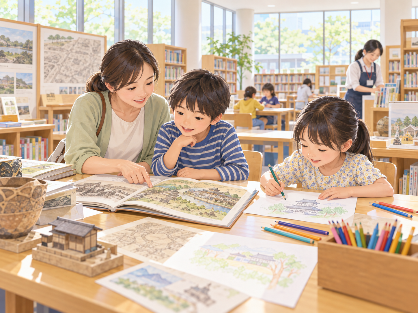 親子が図書館で本を読み、絵を描く様子の生成イラスト。関市立図書館の実際のイベント写真ではありません。