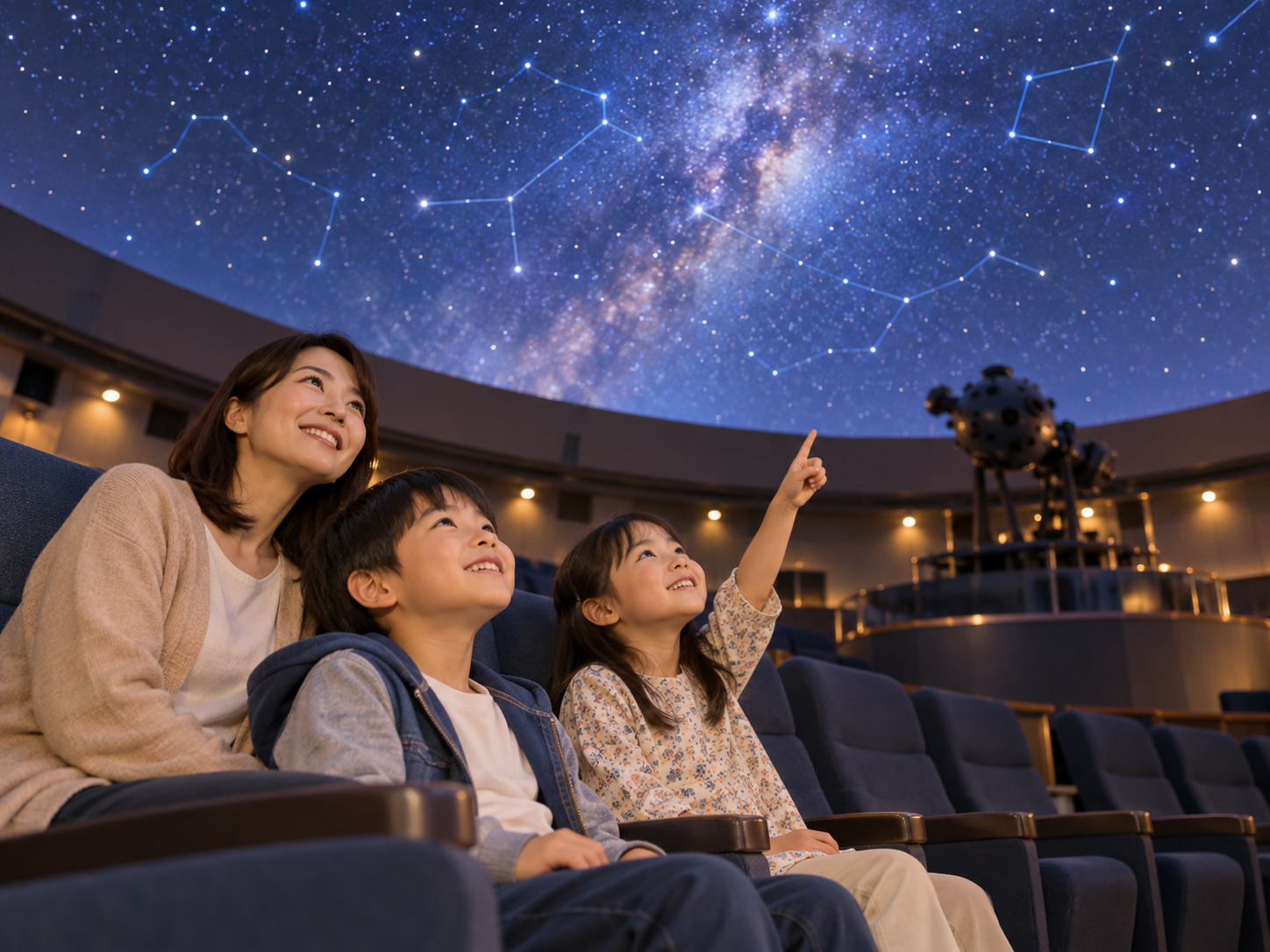 星空を見上げる親子の生成イラスト。関市コスモホールや実際の参加者を撮影した写真ではありません。