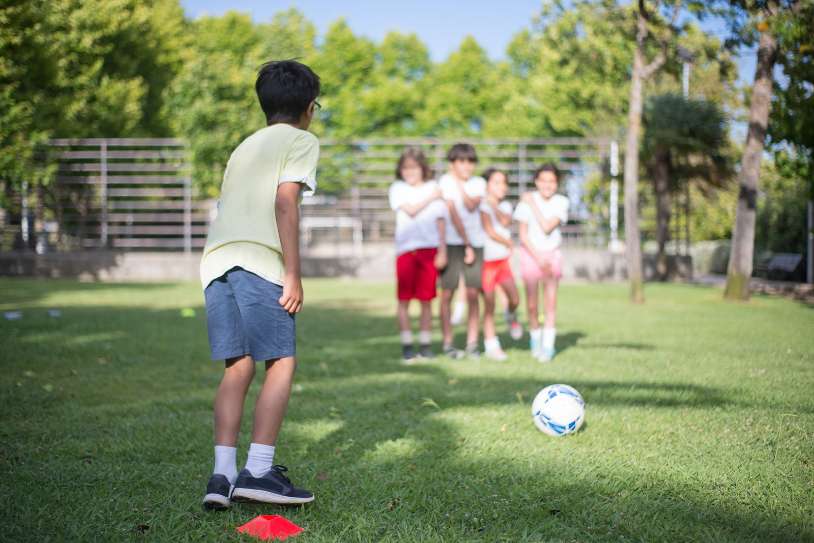 芝生の広場でサッカーボールを追いかける子どもたち