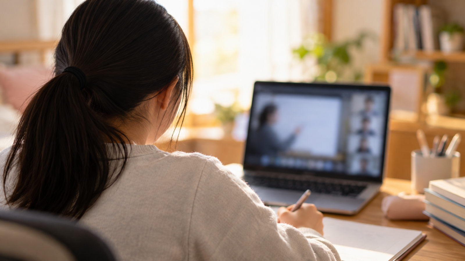 家庭の机でオンライン学習を始めるイメージ