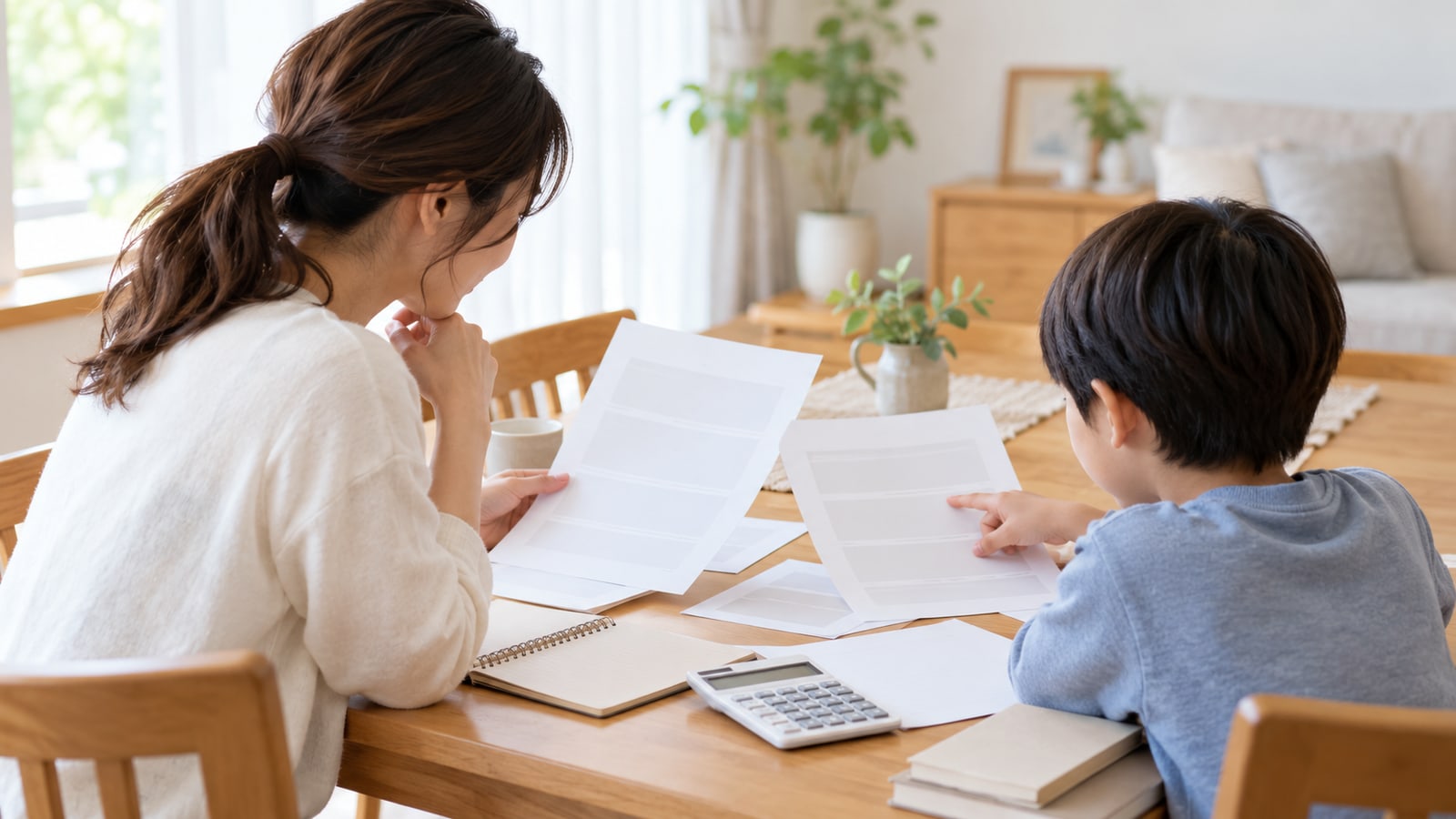 家庭で幼児施設の案内を見比べるイメージ
