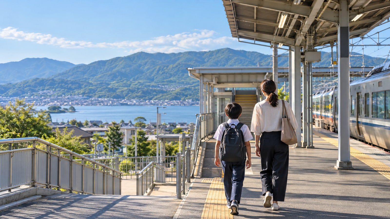 駅から学校へ向かう親子の通園イメージ