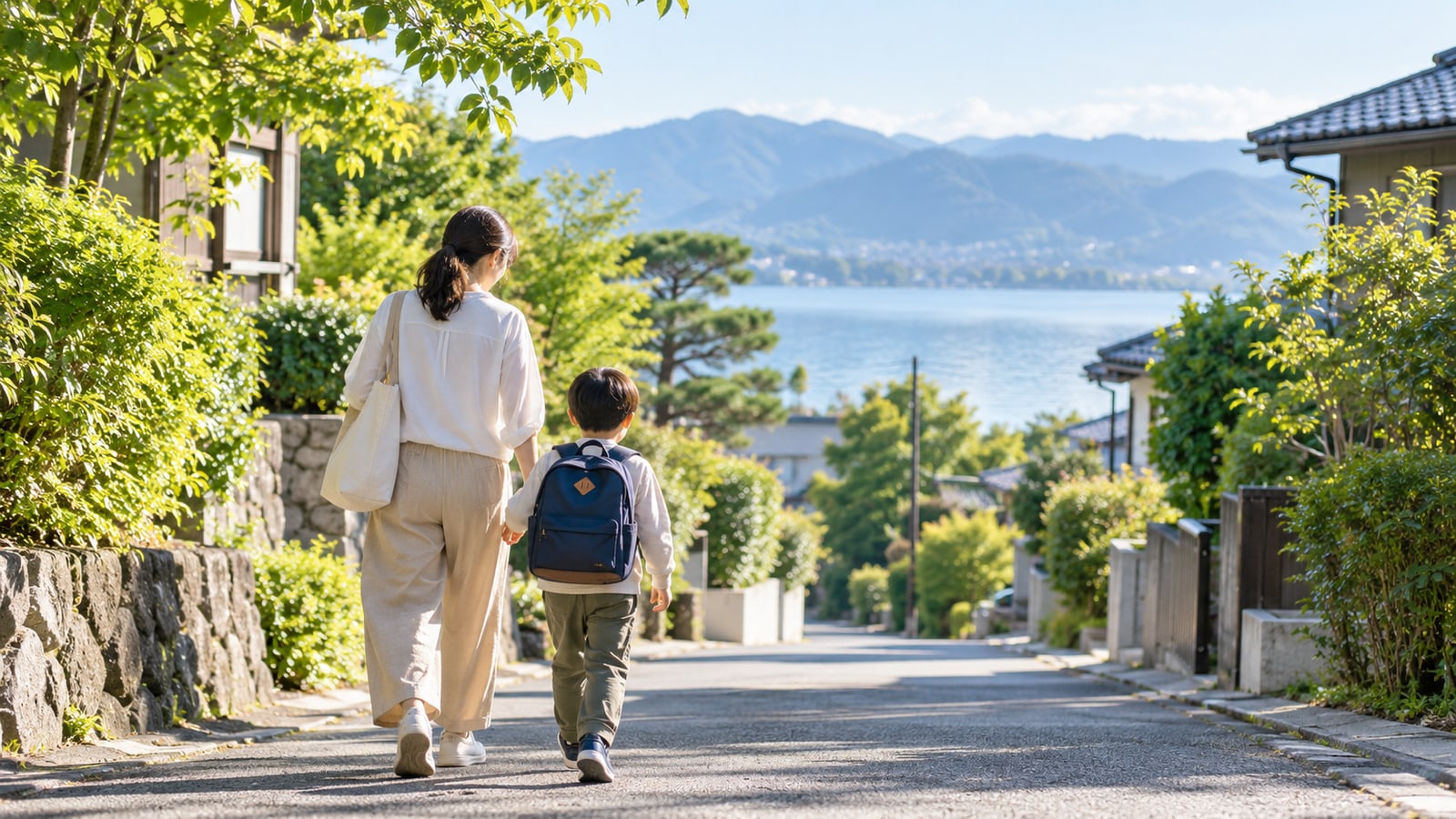 滋賀県の街並みで保護者と子どもが通園するイメージ