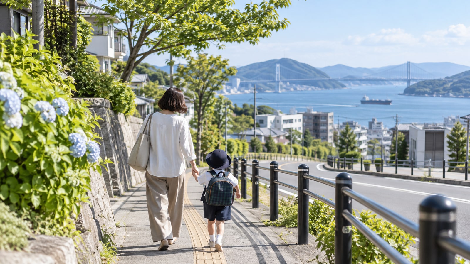 下関の通園路を親子で歩くイメージ