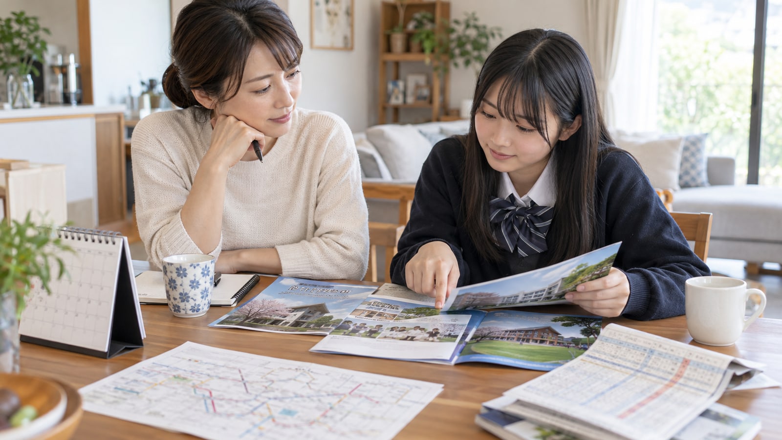 親子で施設パンフレットと通園計画を確認するイメージ
