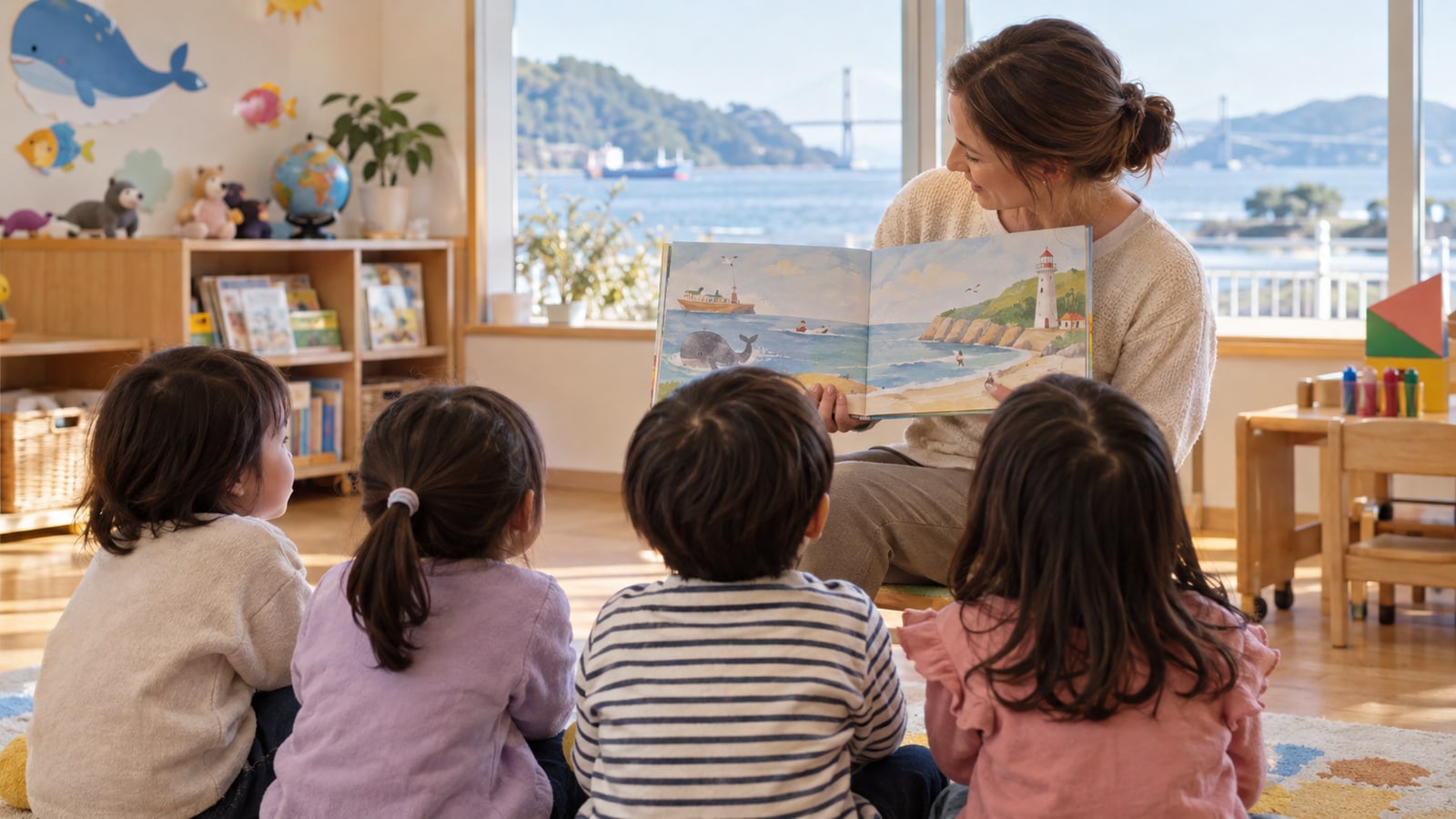 下関の明るい教室で子どもが絵本を読むイメージ