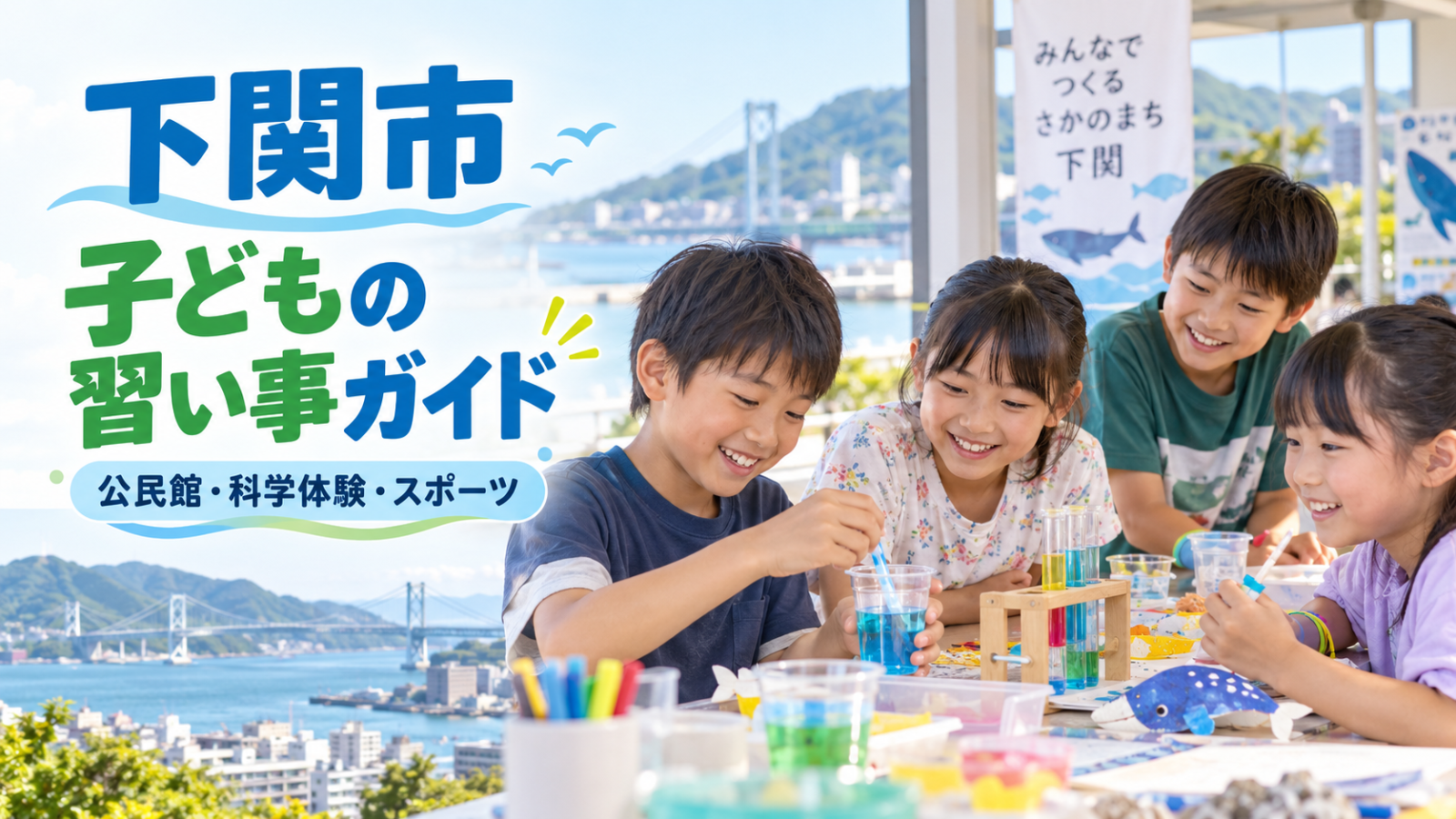 下関市の子どもの習い事ガイド。明るい地域活動で笑顔の日本人の子どもたちが科学工作を楽しむ文字入り生成画像