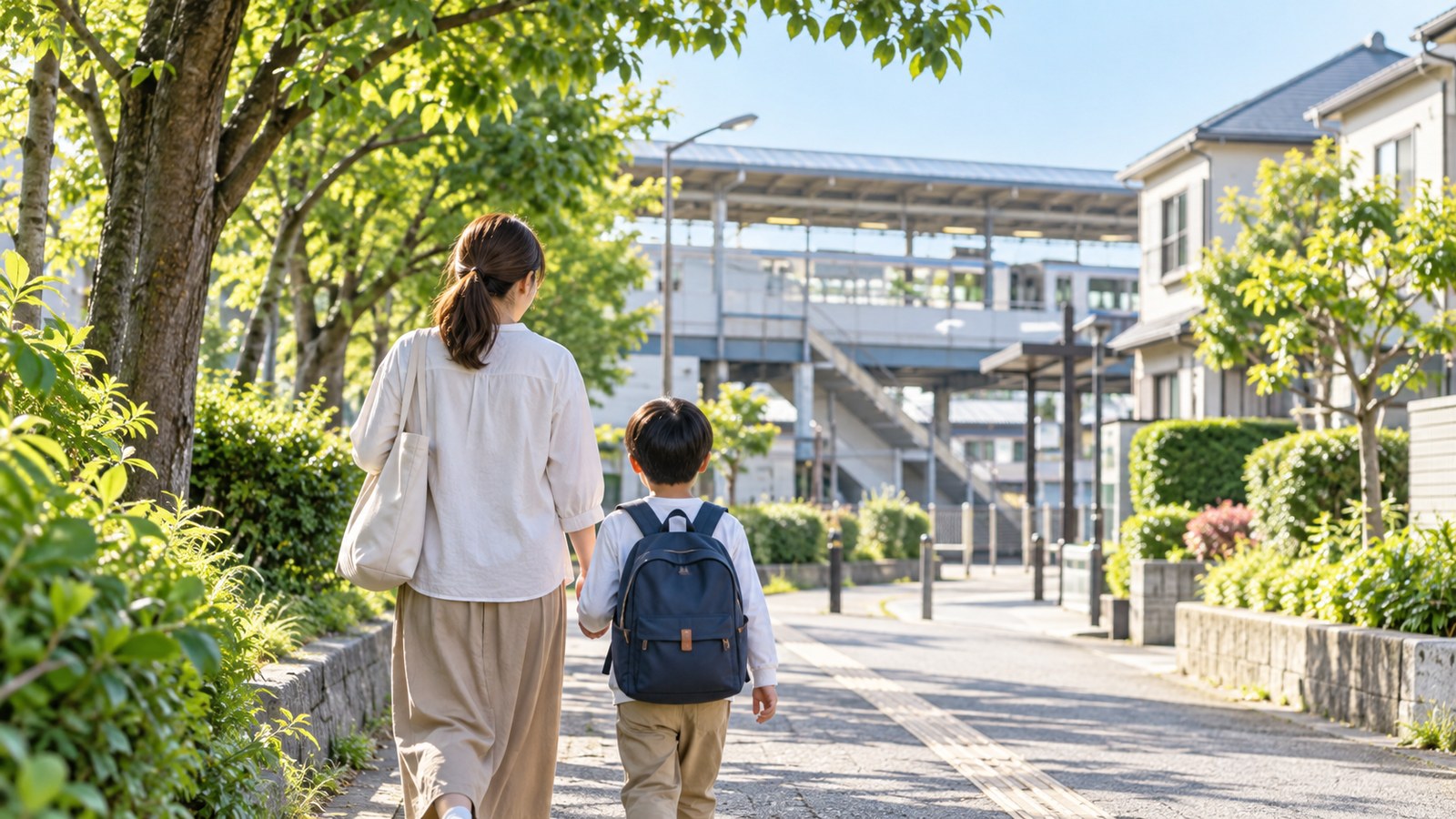 白井市の親子の通学動線をイメージした緑豊かな駅前の景色