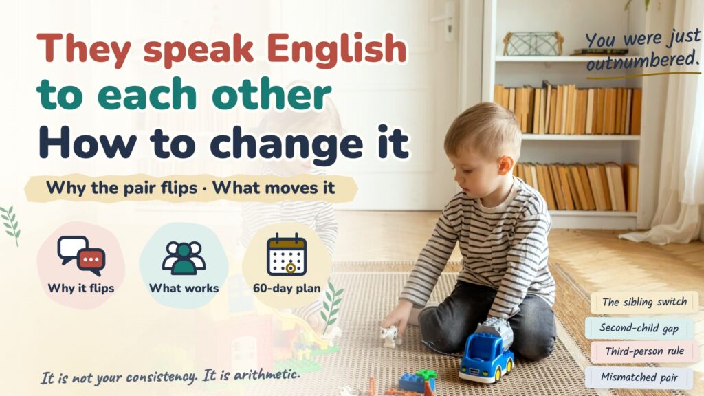 Two children playing in a bright room, with the article title: They speak English to each other, how to change it