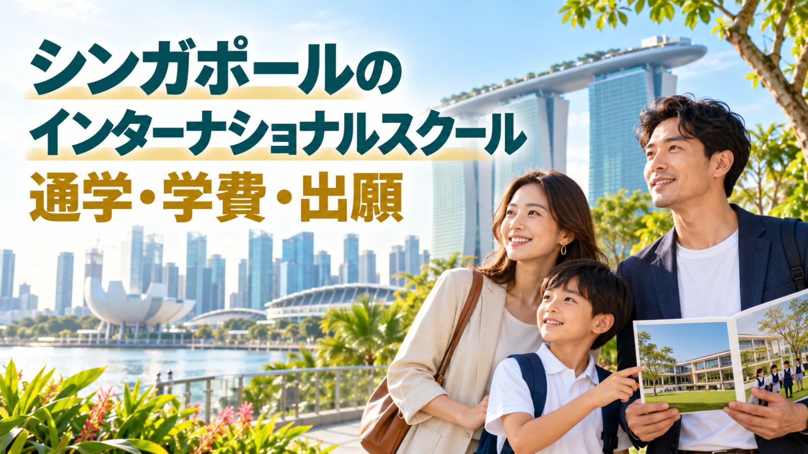 シンガポールの街並みと、インターナショナルスクールの通学・学費・出願を検討する親子のイメージ