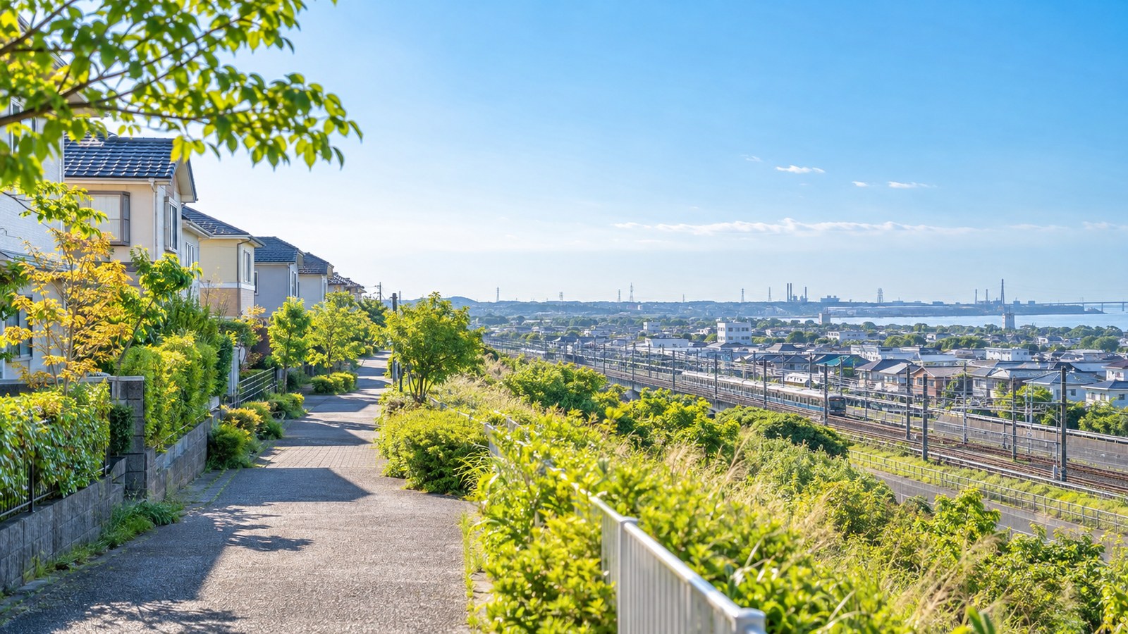 袖ケ浦市の駅前と子どもの通学風景をイメージした明るい景色