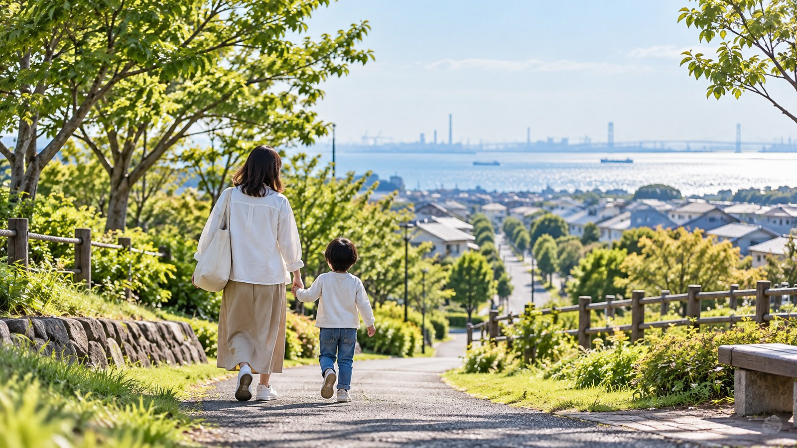 袖ケ浦市の海辺と親子の通学風景をイメージした明るい景色