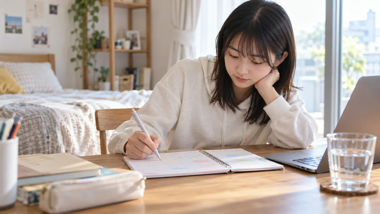 自宅でノートと学習予定を確認する高校生