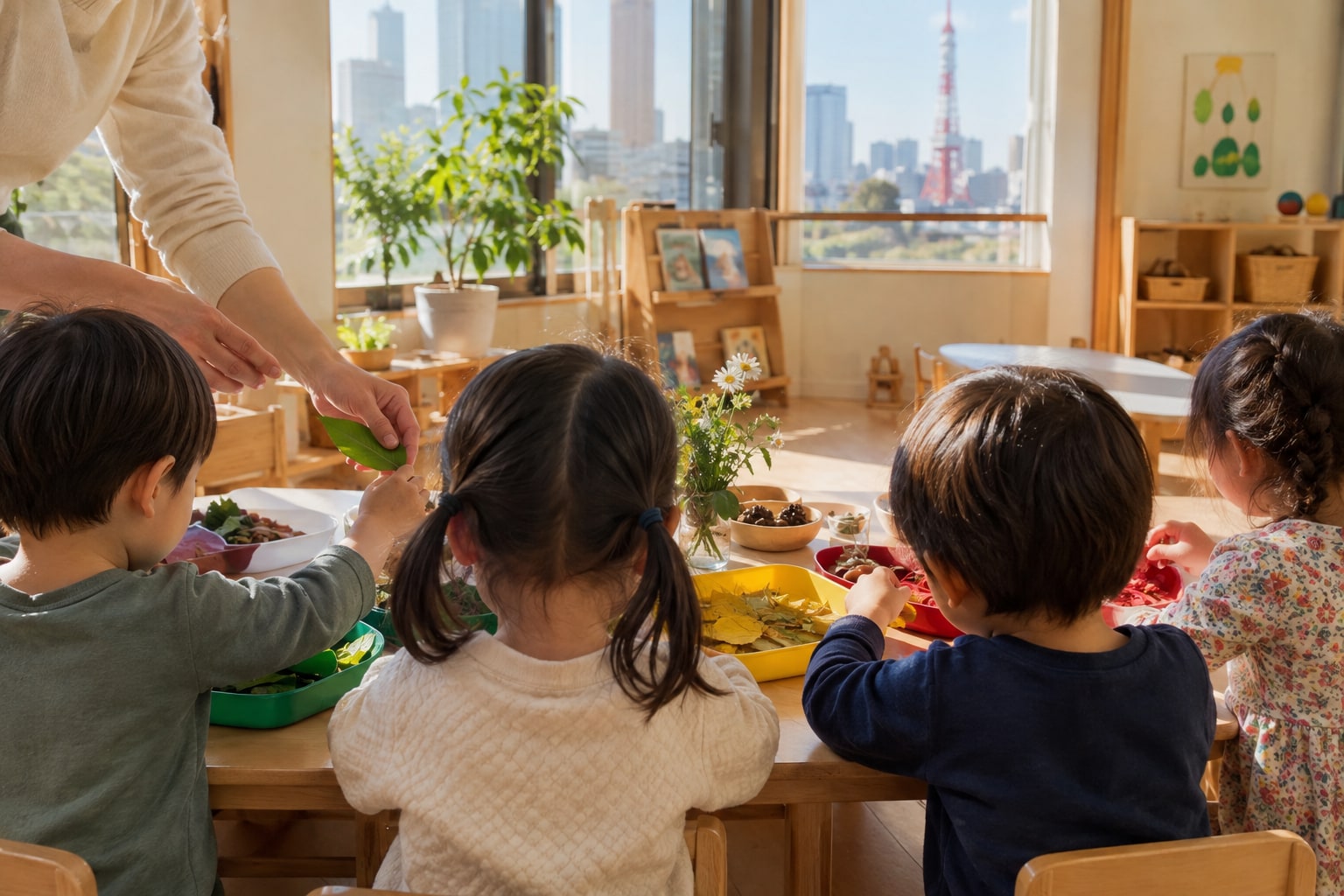 子どもたちが自然や色に触れる活動のイメージ