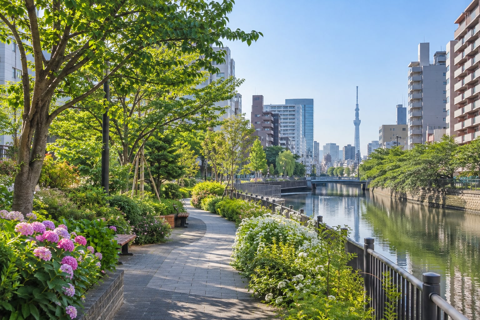 墨田区の水辺と緑の遊歩道の風景