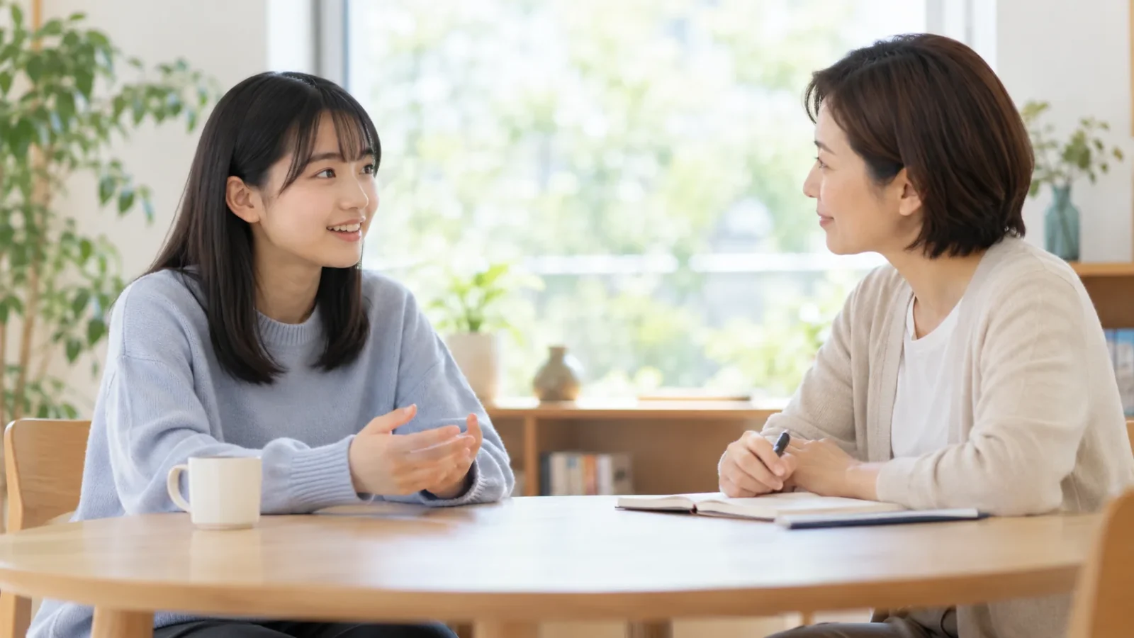 学校生活について教員に相談する高校生