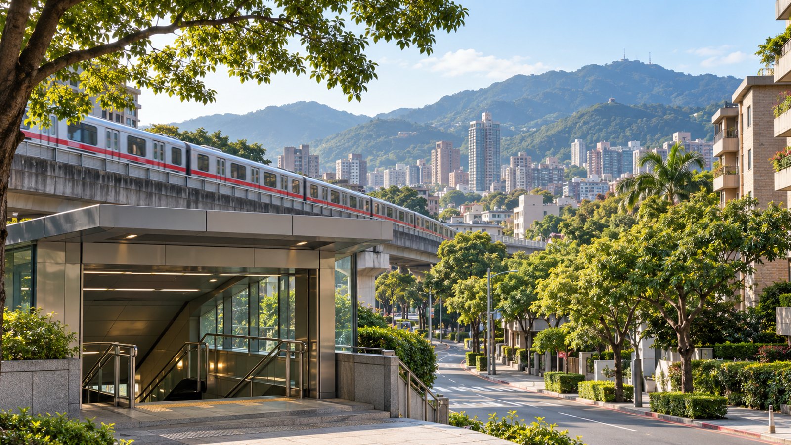 台北北部の緑の多い住宅街とバス通りのイメージ
