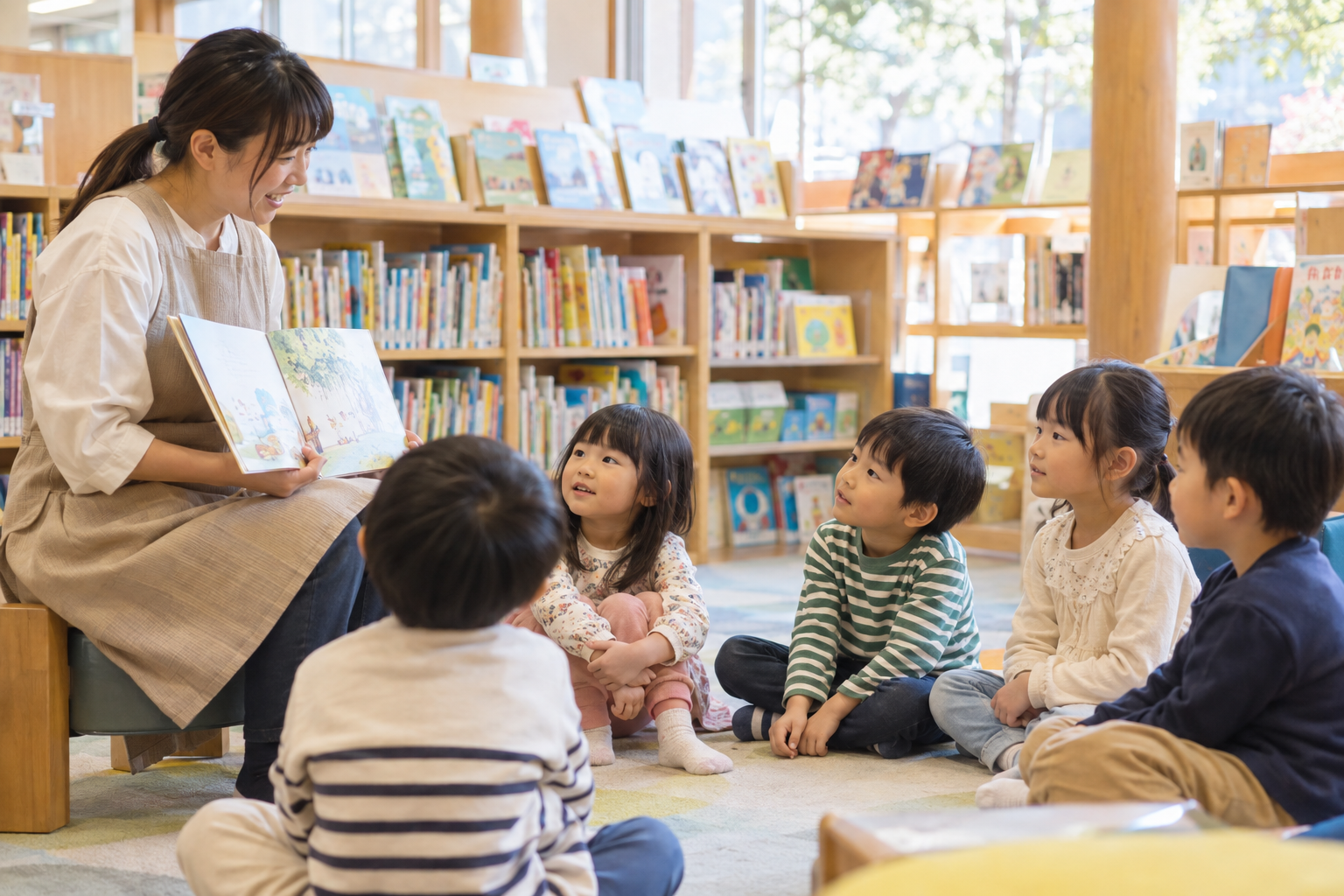 図書館で読み聞かせを楽しむ笑顔の日本人の子どもたちを表現した生成イメージ。多治見市子どもの情報センターの写真ではありません。