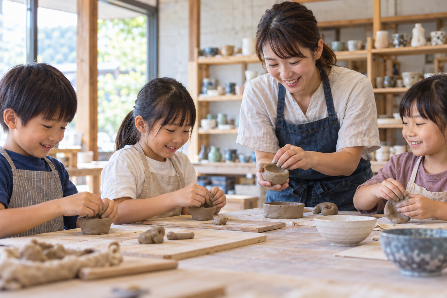 親子で作品づくりを楽しむ笑顔の日本人の子どもたちを表現した生成イメージ。多治見市の実際の教室写真ではありません。