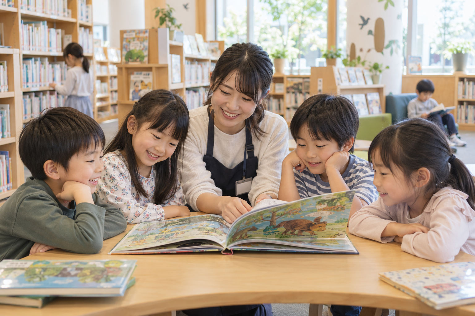 親子が絵本を楽しむ様子のイメージ生成画像。高槻市立図書館のおはなし会や実際の参加者を撮影した写真ではありません。