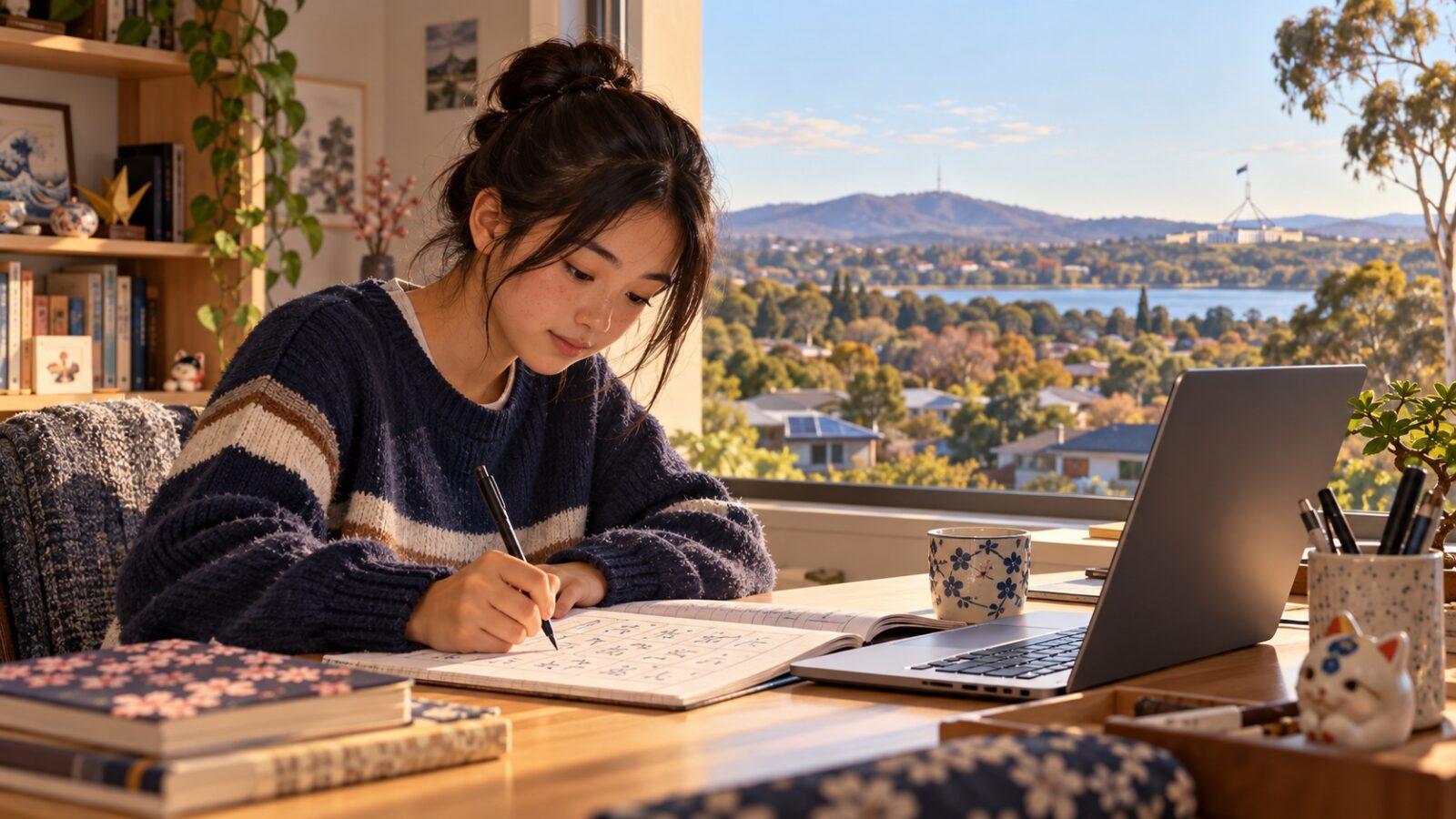 キャンベラの自宅で高校生が日本語の読み書きを練習するイメージ