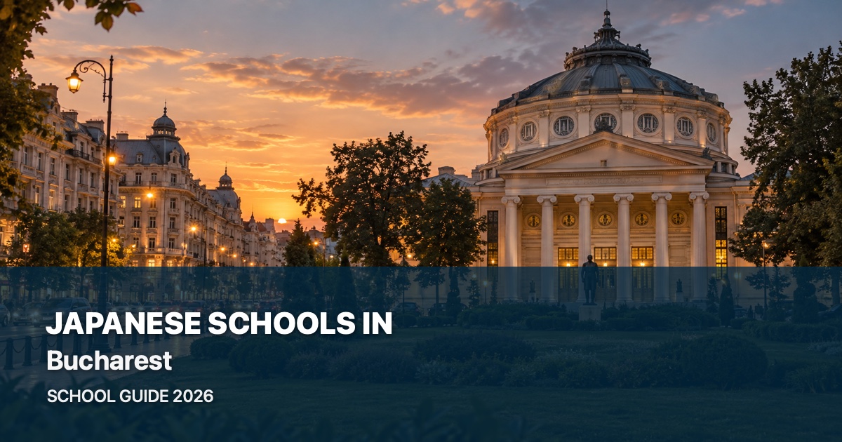 Japanese schools in Bucharest, with a local landscape background and 2026 school guide title